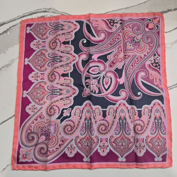 Pink & Navy Paisley Silk Square Scarf 100% Silk 13"x13" Bandana Style - Picture 1 of 6